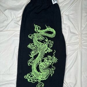 Black Pants with Neon Green Dragon Design